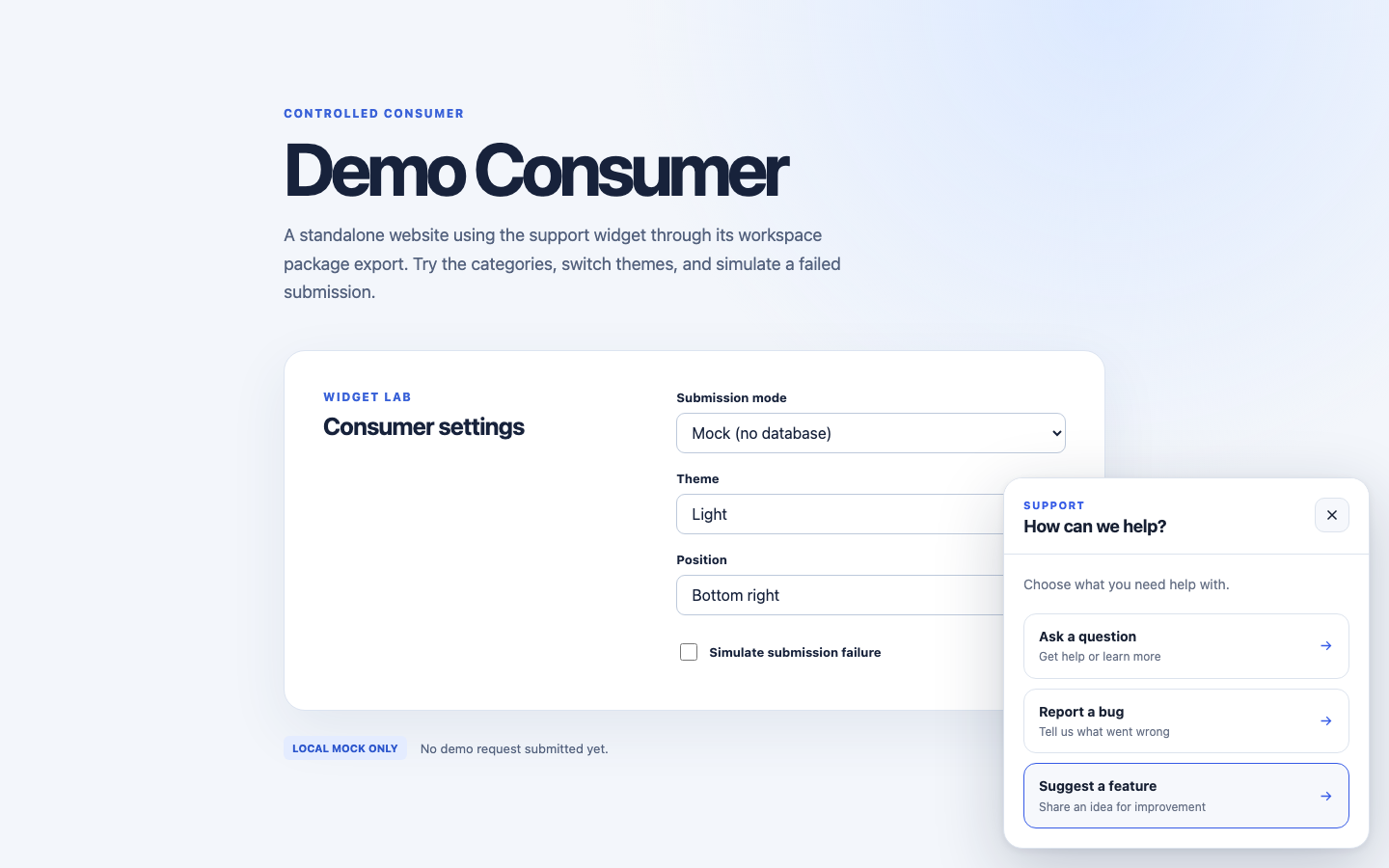 The IssueRelay support widget open on a website, showing the Ask a question, Report a bug, and Suggest a feature options
