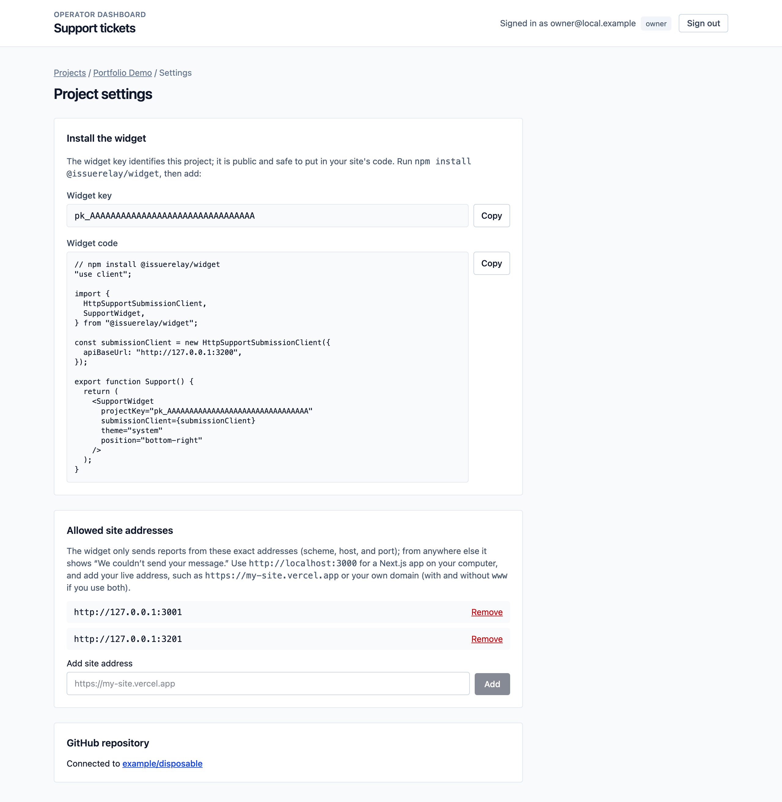The project settings page with the widget key, the ready to paste widget code, the allowed site addresses, and the connected GitHub repository
