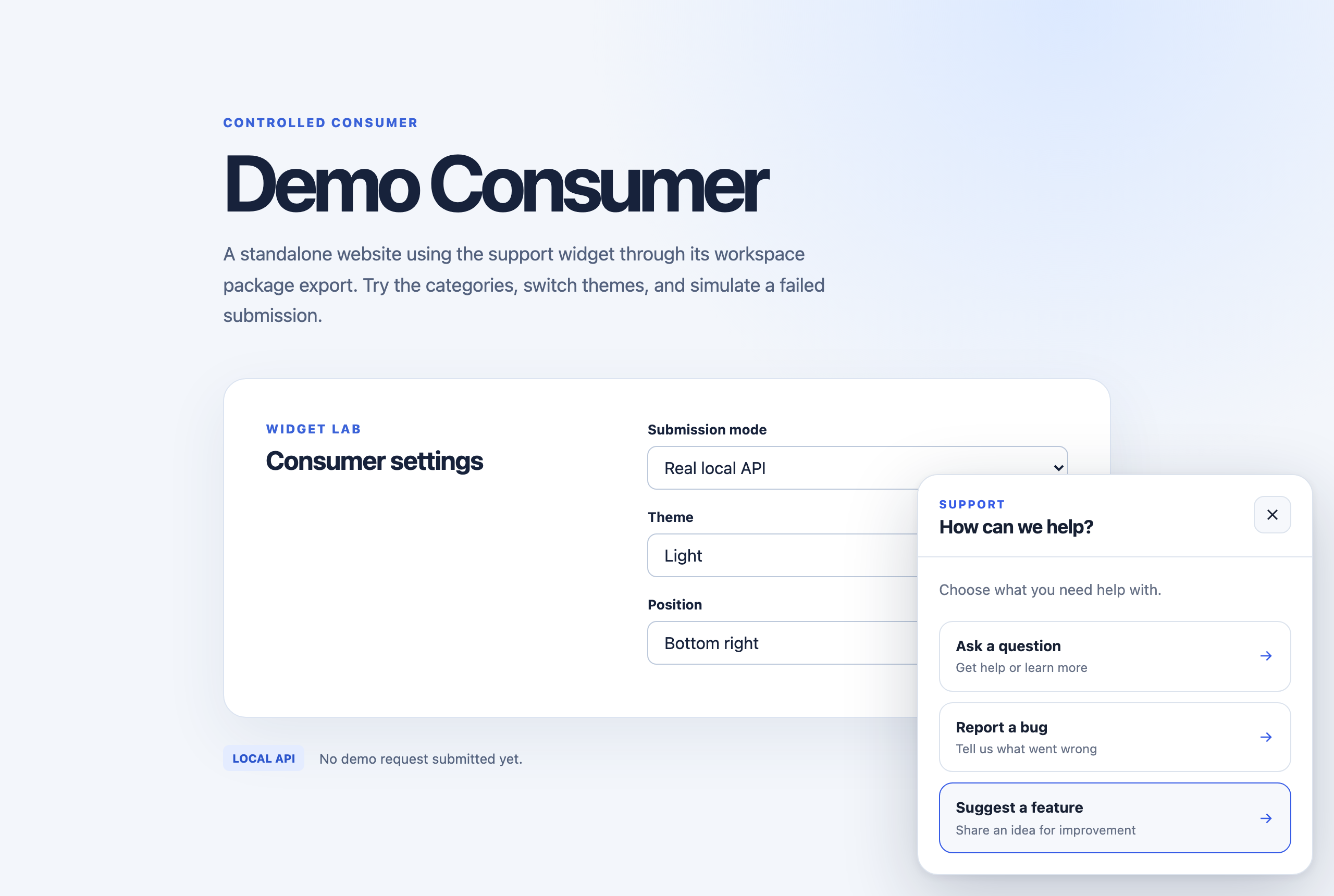 The widget open on a demo site with its three topics: Ask a question, Report a bug, and Suggest a feature